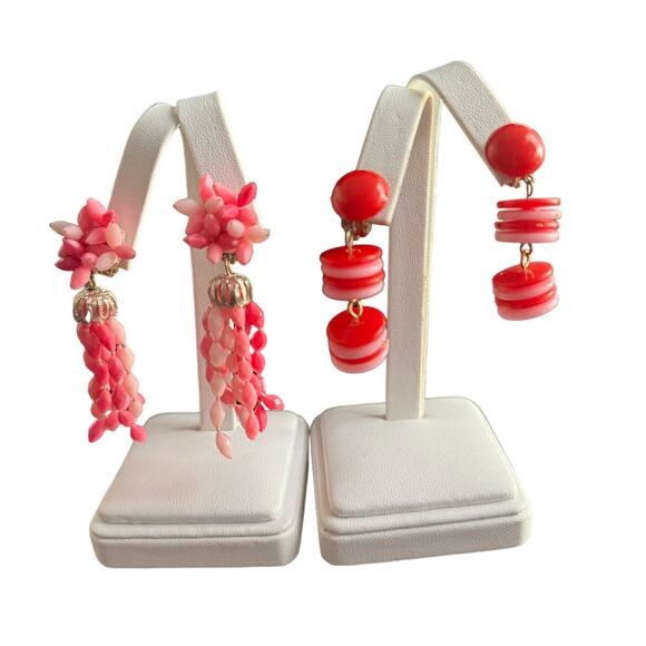 VTG Signed Hong Kong Pink Beaded Statement Necklace Clip On Earring Matching Set - Picture 3 of 7